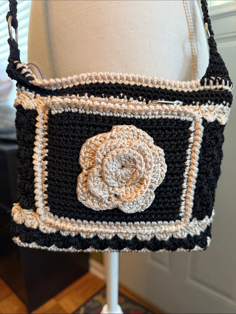 Crochet Crossbody Bag Black and Cream